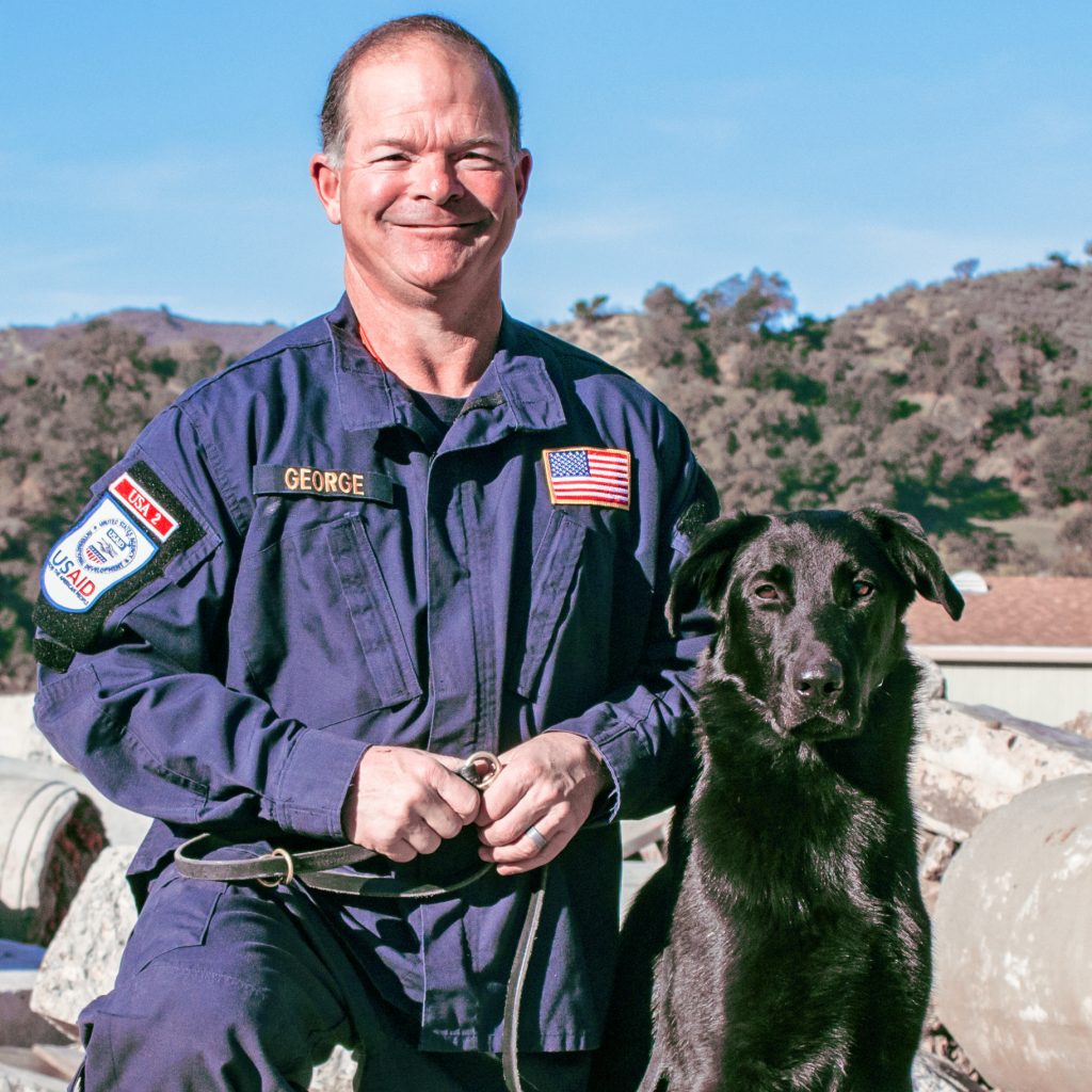 Working and services dogs: rescue RAnch dog Shadow & firefighter Bob George, 